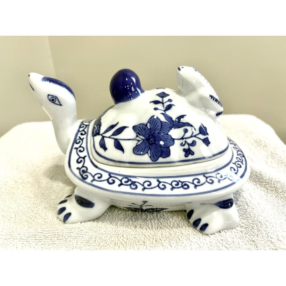 Formalities by Baum Bros Vintage Blue & White Ceramic Turtle Trinket Box